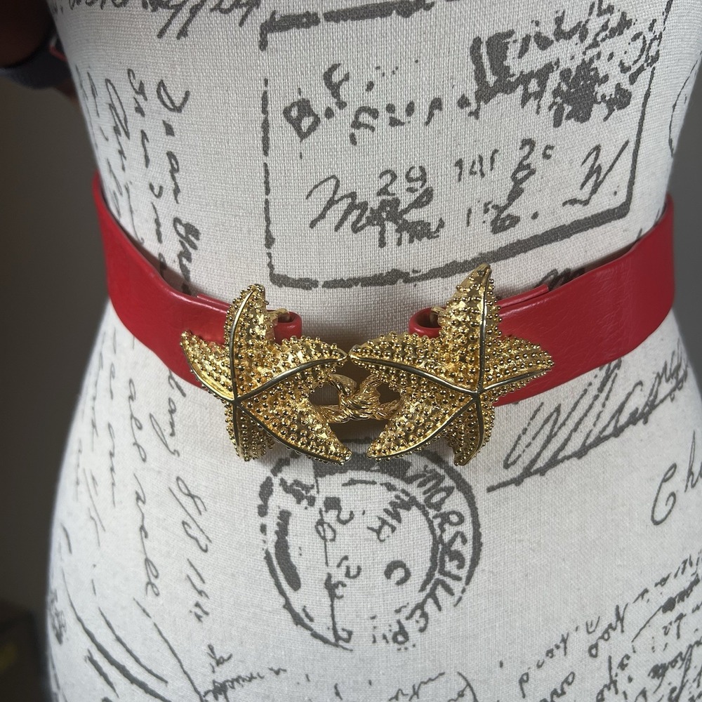 Starfish Faux Leather Fashion Belt 32" Red Gold Tone Buckle